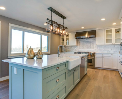 kitchen with blue island